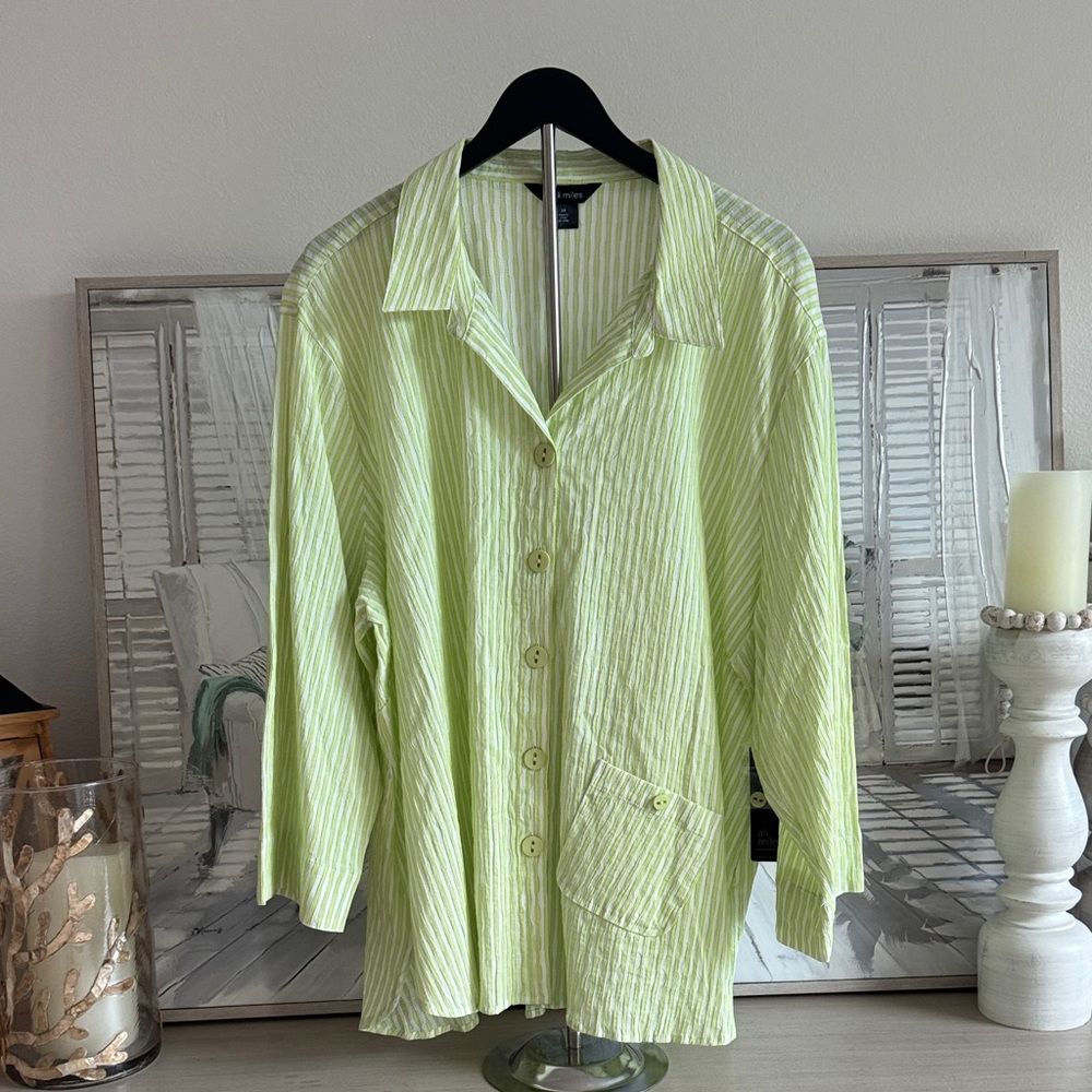 Ali Miles Lime Green Button Striped Shirt
